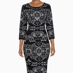 Cremieux Black Cream Damask Floral Knit Sheath Dress Long Sleeve Stretch Size S