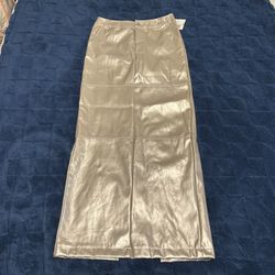Forever 21 Women Silver Metallic Maxi Slit Skirt 