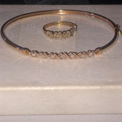 10k gold & diamond XO bangle bracelet & ring set