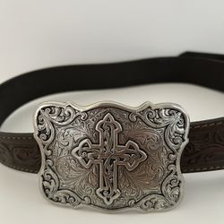 Cowboy Mexico Leather And Silver Large Tone Buckle  Brown Belt Unisex  XXL Size