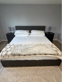 King Size Storage Bed + 2 Nightstands + Lamps