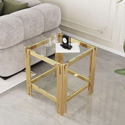 2-Tier Glass End Table 20" Square Gold Side Table with Stainless Steel Legs and Clear Tempered Glass, Modern Luxury End Table for Living Ro