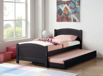 Brand new black twin bedframe with twin trundle (80" x 42" x 36"H; HB 36", FB 23"