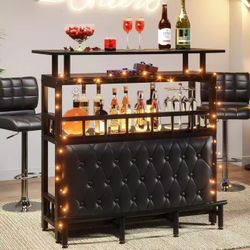 New assembled Home Bar Unit for Liquor, 44-Inch Bar Height Table with Storage, Black Entertainment Pub Table, Mini Bar Carts Upholstered&Metal Front F