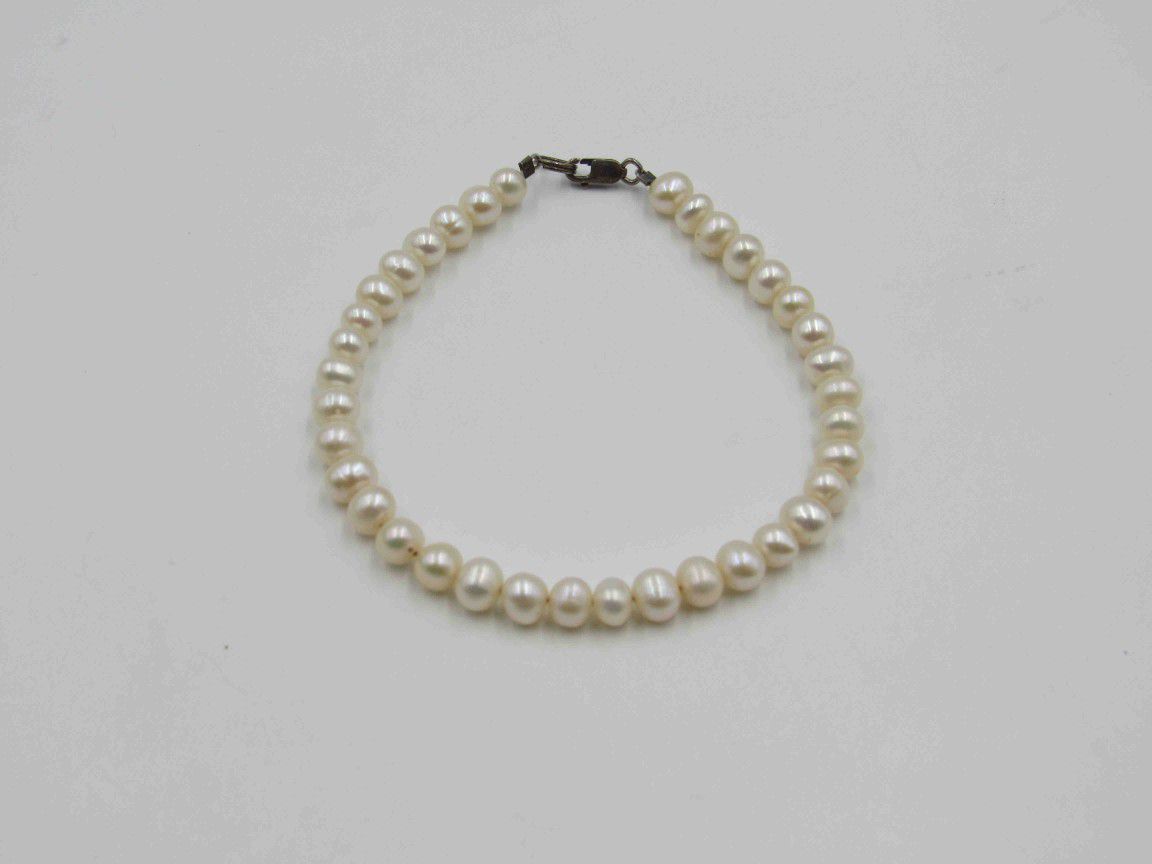 8" Sterling Silver Plain Genuine Pearl Bracelet Vintage Wedding Engagement Anniversary Gift Idea Beautiful Elegant Everyday Special