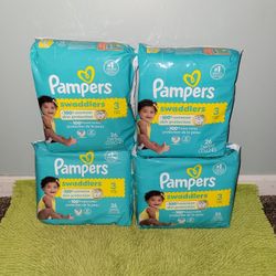 4 Pack 26 Diapers #3 Pampers Swaddlers 