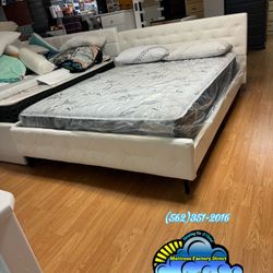 Queen White Faux Leather Bed & Mattress Bamboo Set 