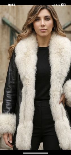Vintage 60s Leather Penny Lane Fox Fur Collar Front Cuffs Trim Swing Coat Jacket