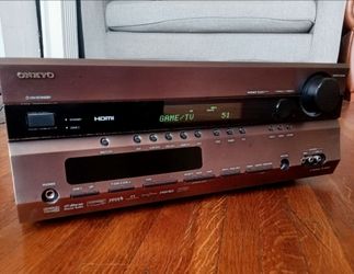 Onkyo TX-SR606 Surround Sound Amplifier Receiver  with 5 Speakers Sound Bar and  12" Woofer