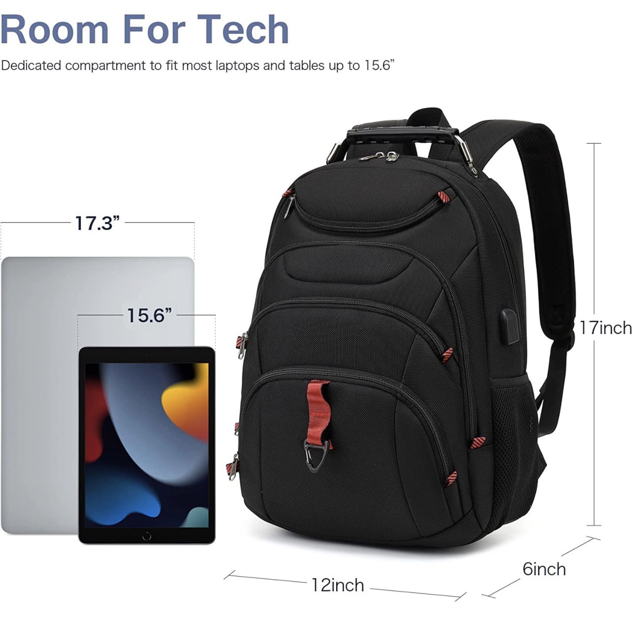 Laptop Backpack Bookbag USB Charging Port Waterproof Black