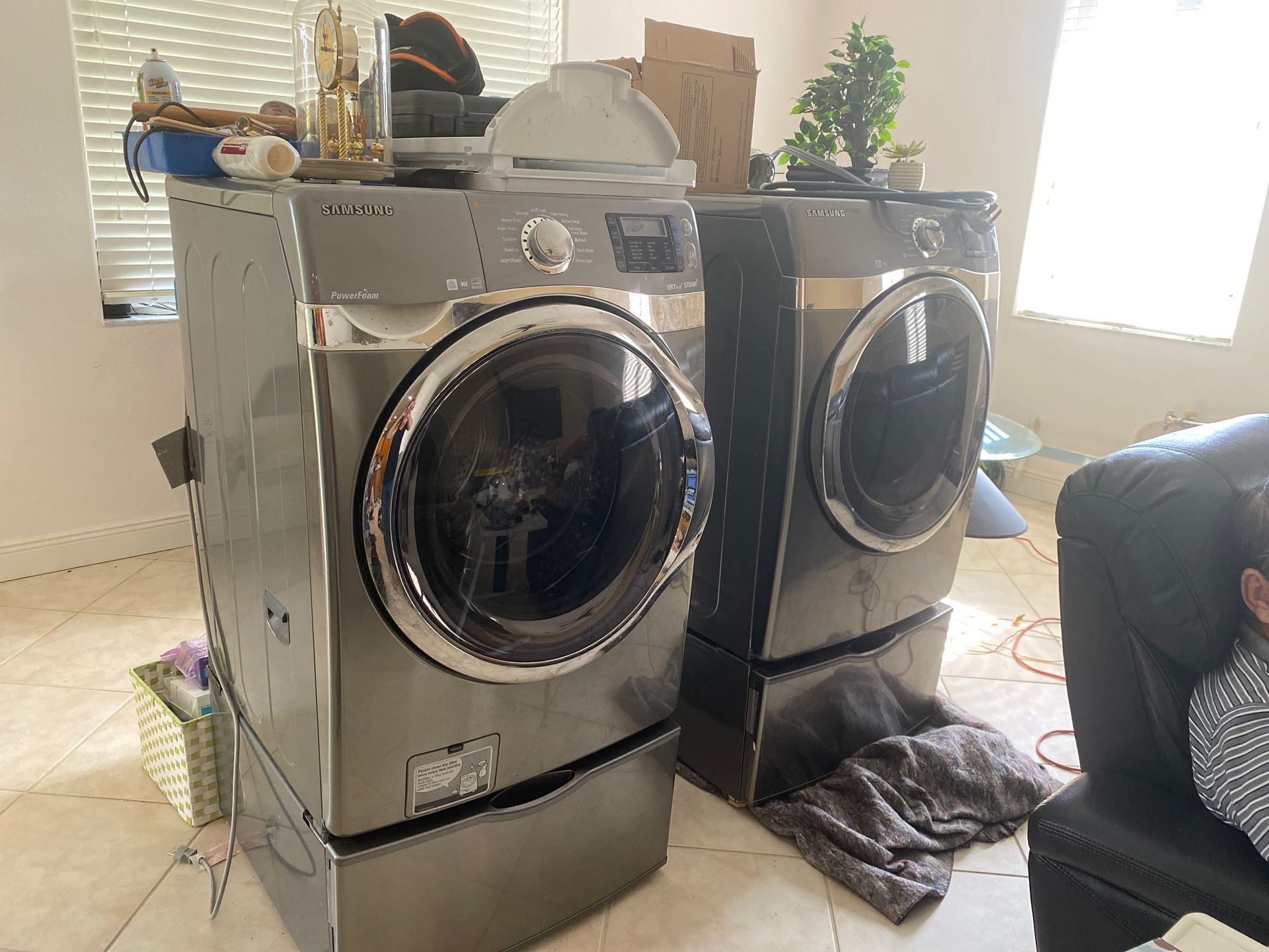 Samsung Washer and Dryer Set with Storage Drawer Bases