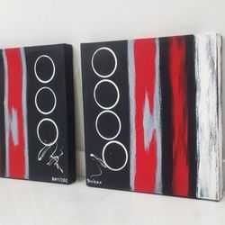 Free Yes it's still available- Set Of Two Abstract Square Paintings On Canvas. Original Red, Black And White Painting With Its Hangers. Beautiful Art 