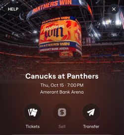 2 Tickets Florida Panthers vs Vancouver Canucks Thursday 10/15 7pm
