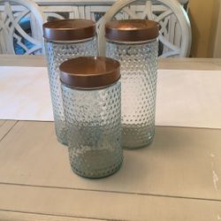 Pretty 3 Piece Glass Canister Jar Set Copper Lids