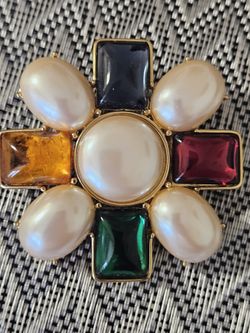Vintage 1980s Signed Monet Goldtone Faux-Pearl & Jewel Tone Cabochon Brooch