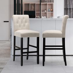 New Set of 2 28 Inches Stylish Fabric Barstools with Solid Wood Legs and Button-Tufted Back Kitchen Island Dining Beige  New in box LW-GB940 barstools