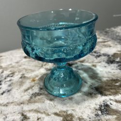 Vintage Indiana Glass Aqua Blue Thumbprint Kings Crown Compote Candy Dish 