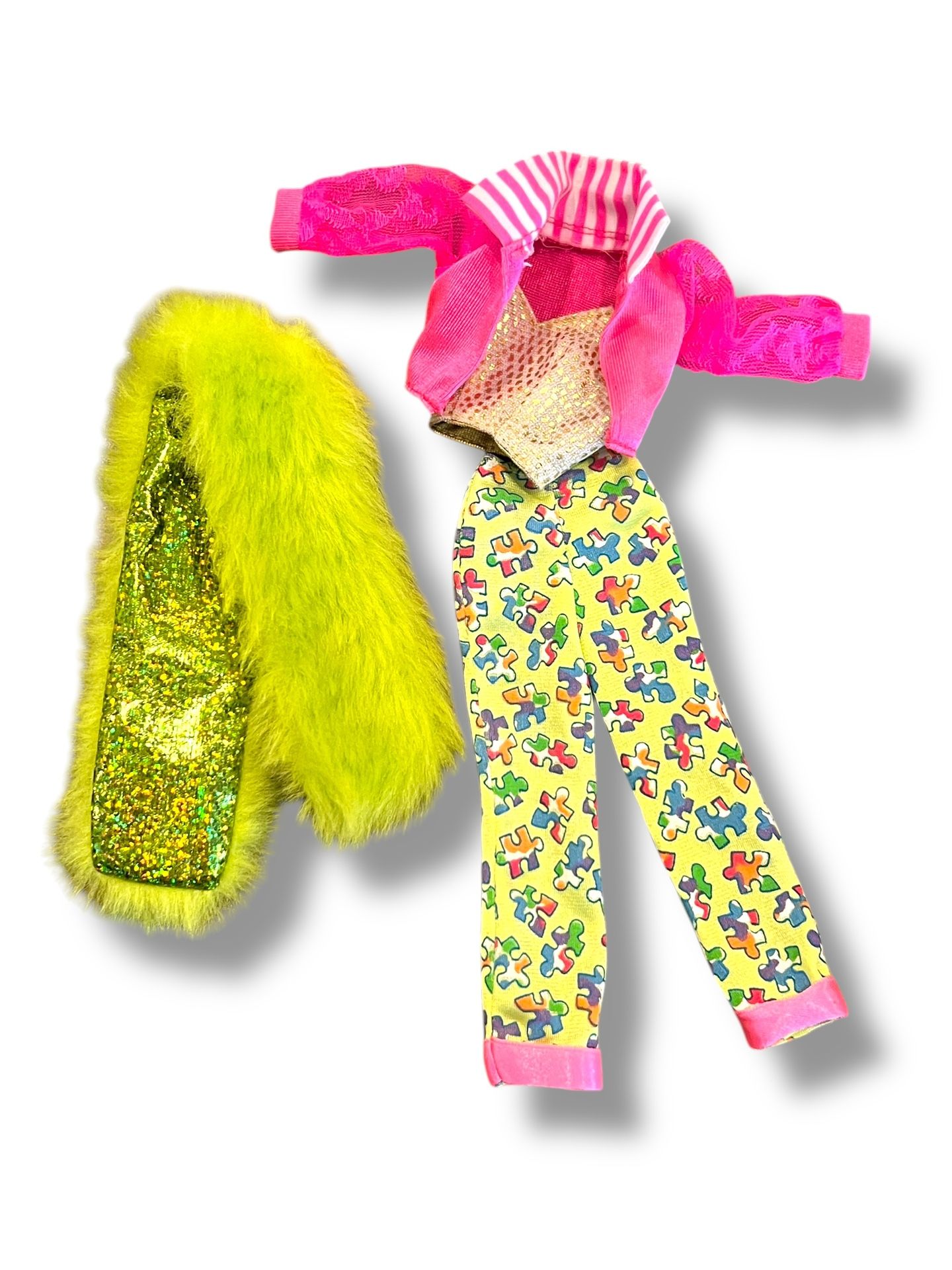 Barbie Doll Outfit Autism Puzzle Pant Top Jacket Neon Green Faux Fur Scarf Lot