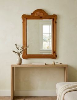 Vintage Ethan Allen Farmhouse Pine Wall Mirror - Solid Wood Shell Carved Bonnet Top