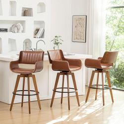Brown Bar Stools Set of 3,26 Inch Bar Stools Counter Height,Swivel Counter Stool with Backs and Arm Rest，Faux Leather Bar Chairs, Mid Century Modern 