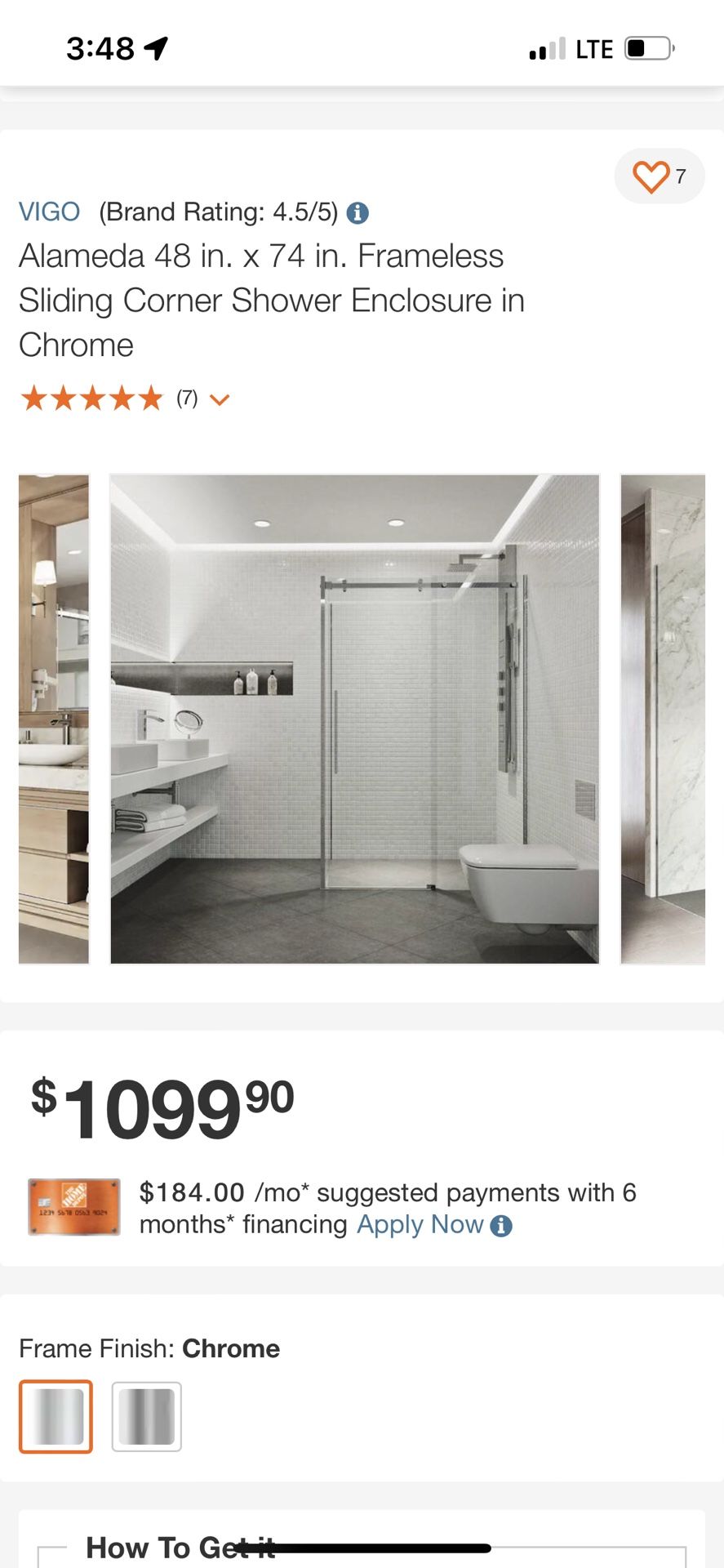 VIGO (Brand Rating: 4.5/5) © Alameda 48 in. x 74 in. Frameless Sliding Corner Shower Enclosure in Chrome