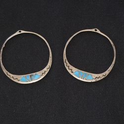 VTG Sterling Silver Native American Inlay Turquoise Round Earrings Need Hooks