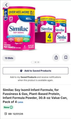 Similac Soy Isomil Infant Formula, for Fussiness & Gas, Plant-Based Protein, Infant Formula Powder, 30.8-oz Value Can, Pack of 4