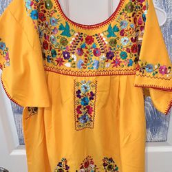Mexican Dress Yellow, Floral, Long Dress, Square Neck, Short Sleeve, 