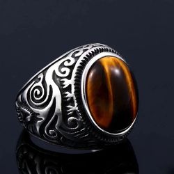 Brown Tiger Eye Stainless Steel Ring Size 10 For Men Or Women