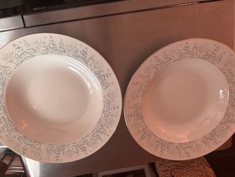 Set of 2 White Ceramic Soup Bowls Winter Tree Pattern