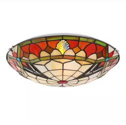 OUKANING 15.7 in. 3-Light Multicolored Mosaic Tiffany Flush Mount Ceiling Light with Stained Glass Shade and No Bulbs Included
