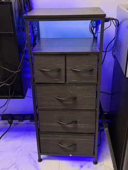 Furneleum Dresser For Bedroom,tall Night Stand,charging Station,led Lights,5fabric Bins,black Oak