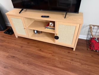 Light Wood TV Stand with Rattan Door Panels
