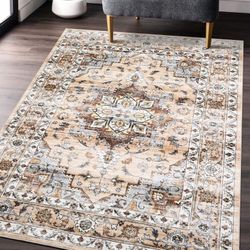 8x10 Non-Slip Stain Resistant Washable Oriental Distressed Area Rug, Brown/Orange Tones, NEW