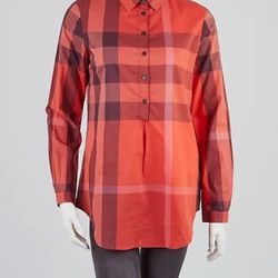 Authentic BURBERRY Brit Orange Red Check Cotton Tunic Shirt Size XS/S