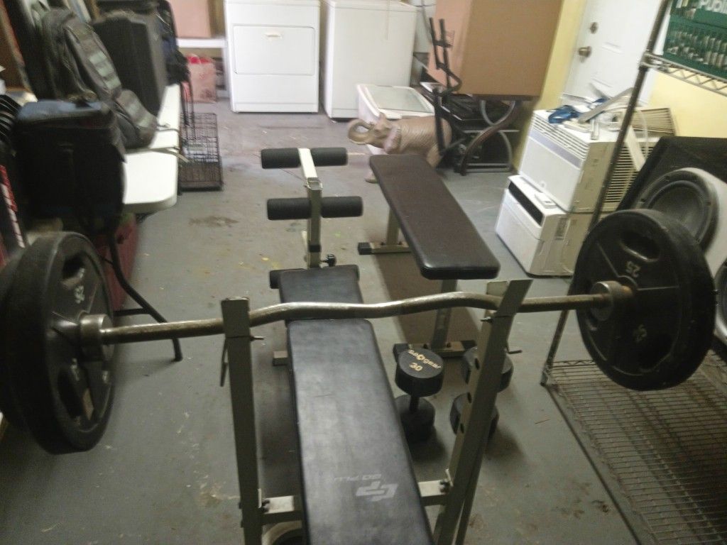 Incline Bench, Flat Bench, Dumbbells and Weights