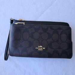 Coach Double Zip Wallet - CX161 Walnut Black Signature Canvas/Leather - NEW