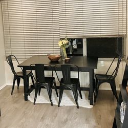 IKEA expandable black dining table plus 4 metal chairs