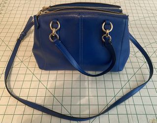COACH 3 Sections 2 Zipper 1 Snap Button Shoulder Blue Leather Handbag Purse