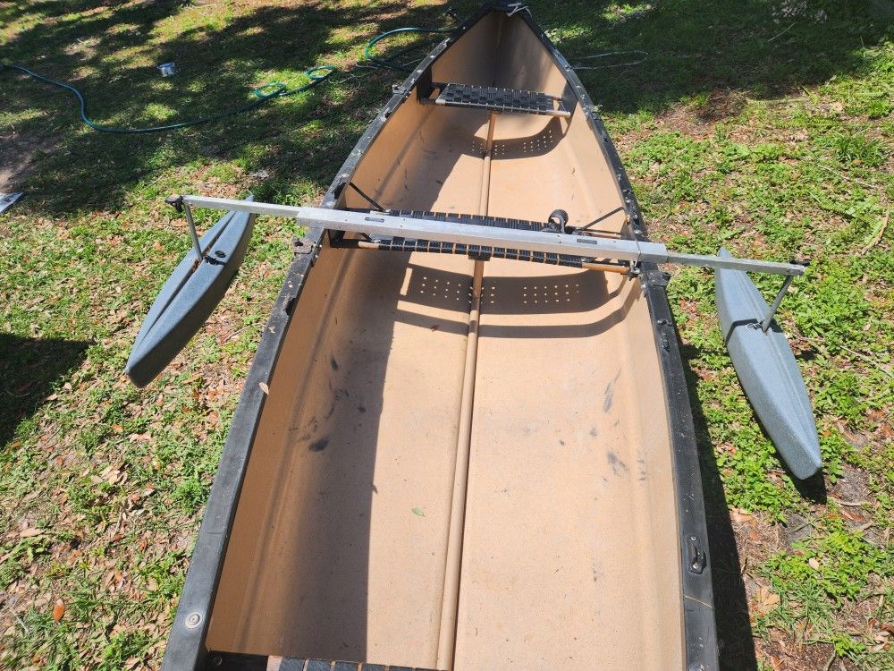 17ft Old Town Canoe Ganoe With Stabilizer, 2 Hp Honda 4 Stroke Tiller Motor With Trailer