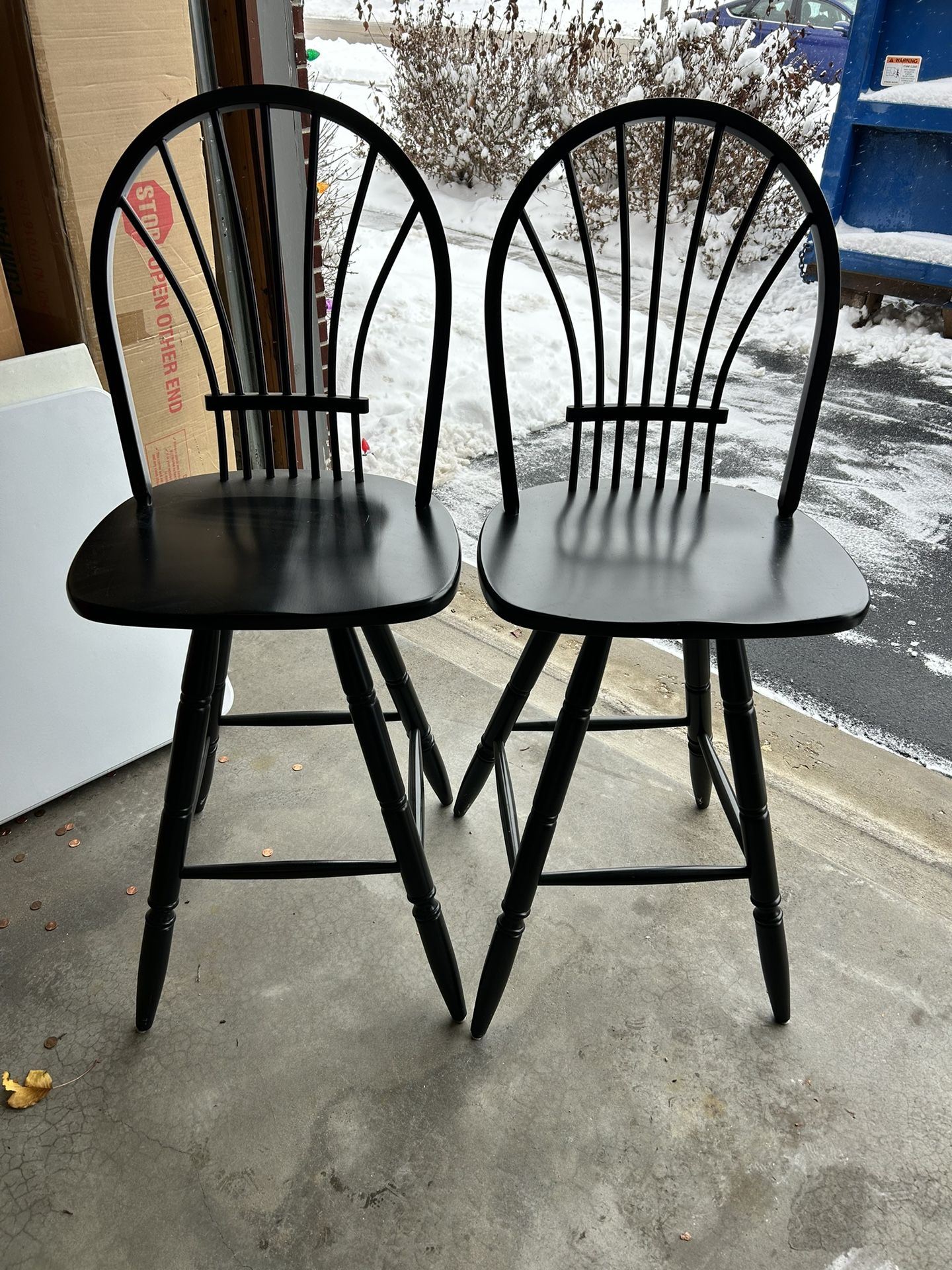 Two 30 Inch Black Wooden Bar Chairs 