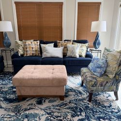 4-Piece Blue Living Room Furniture Set – Sofa, Chair, Ottoman & Accent Chair