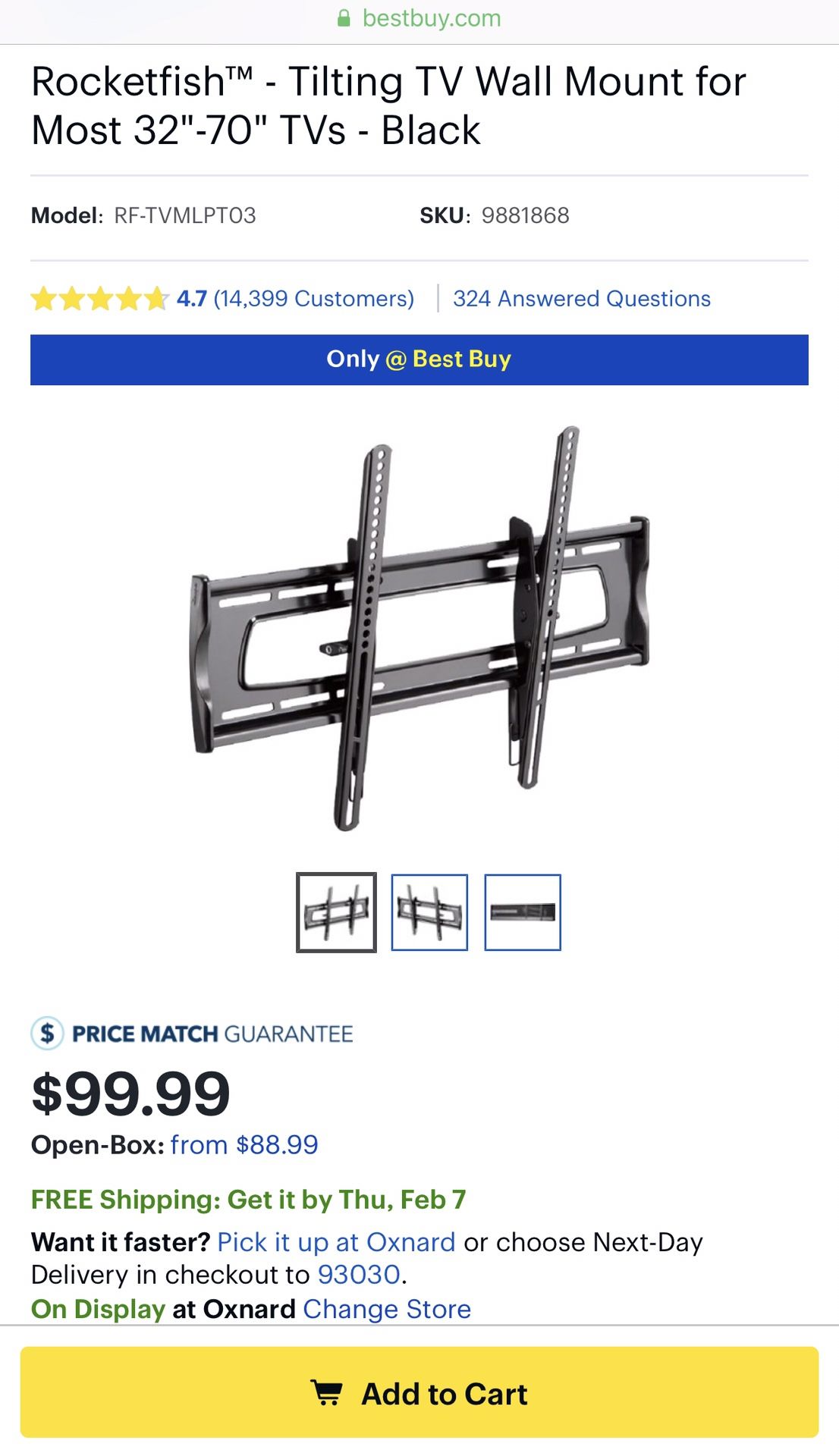 BRAND NEW Rocketfish RF-TVMLPT03 Tilting TV Wall Mount for 32 to 70-Inch flat-panel TVs (Black)