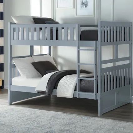 New Gray Finish Full Over Full Wood Bunk Bed with 2 Drawers