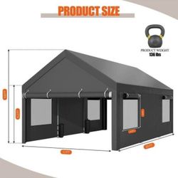 12x20ft Carport, Reinforced Steel Poles with Removable Sidewalls and Doors, Roll-Up Windows