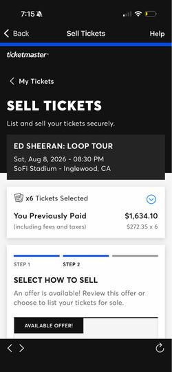 Ed Sheeran Aug 8th Sofi 2 tickets c113 row 7
