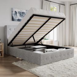 Queen size Lift Up Storage Bed / Wingback Headboard / Upholstered Platform Bed Frame / No Box Spring Needed  
