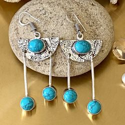 Turquoise Embossed 925 Sterling Silver Overlay Dangle Earrings