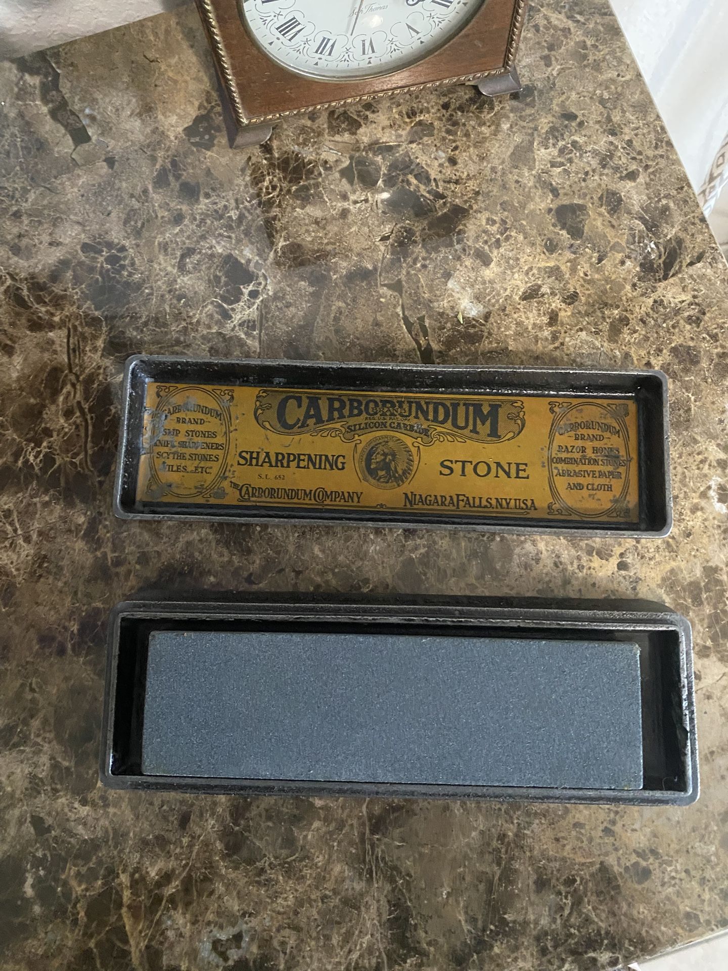 Antique Vintage Carborundum Company Niagara Falls NY USA Sharpening Slip Stone Original Medal Box