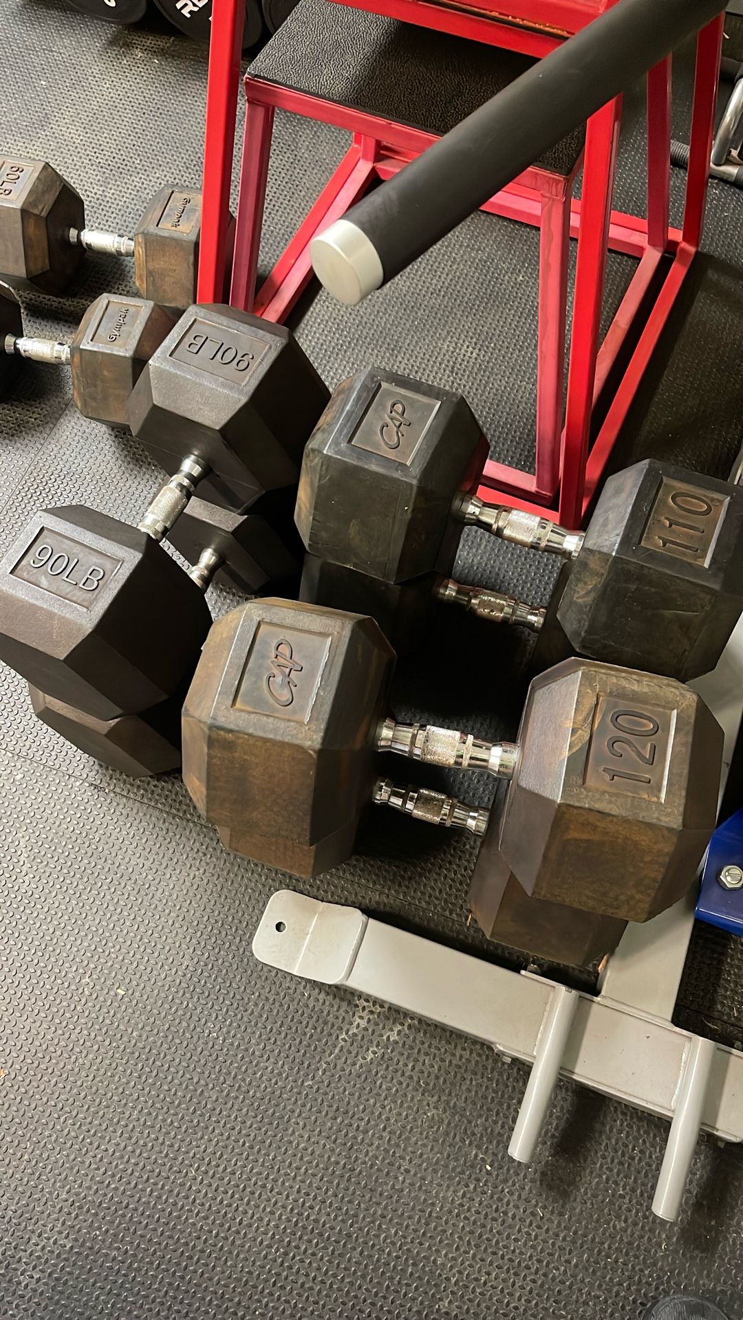 90-120 Pound Rubber Hex Dumbbells